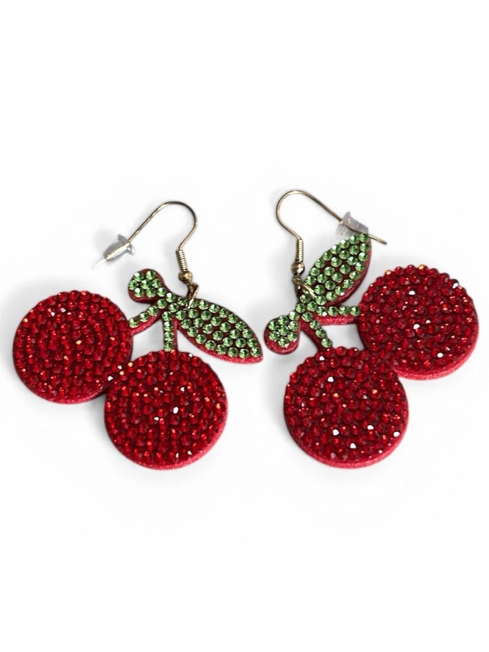 Ruby Red Rhinestone Encrusted Cherry Pierced Earrings - Picture 3 of 5